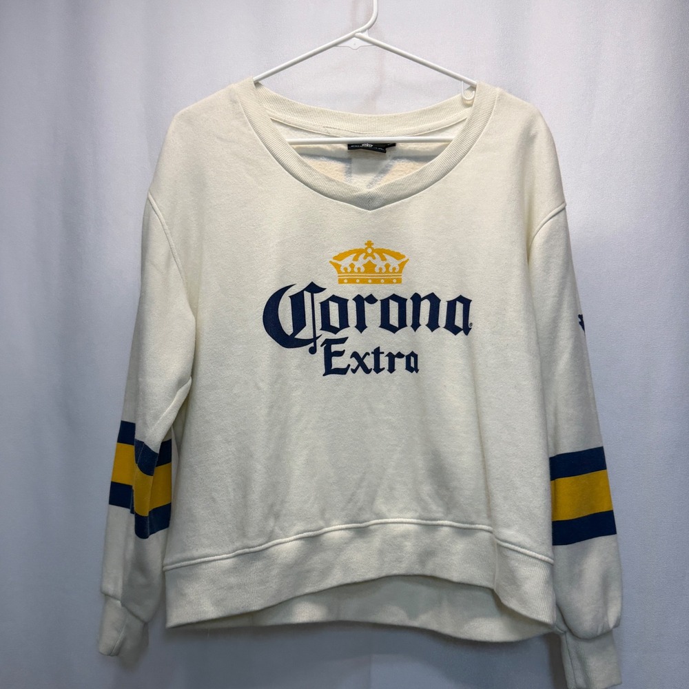 Corona Extra Sweatshirt Women Small Cream V-Neck Graphic Pullover Relaxed